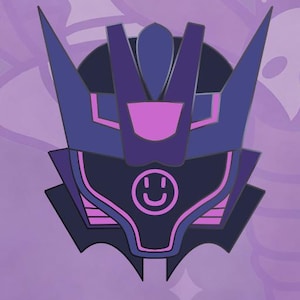 May include: A stylised graphic illustration of a robotic helmet in shades of dark purple and bright pink. The helmet features sharp, angular crests and a central visor area displaying a simple, circular pink smiley face icon in the middle.