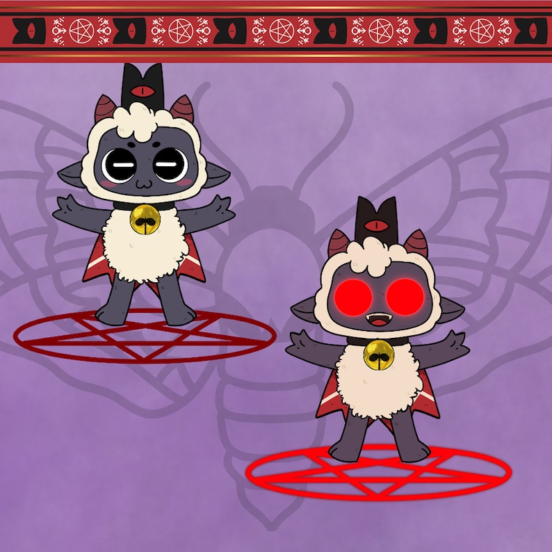 Peut inclure: Deux moutons de dessin anim&eacute; avec des corps gris fonc&eacute;, de la laine blanche et des couronnes noires. L'un a des yeux normaux, l'autre des yeux rouges. Les deux se tiennent sur des pentagrammes rouges, portant des capes rouges et des cloches dor&eacute;es. Le fond est violet avec un motif de papillon.