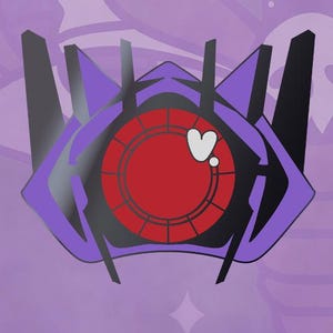 May include: A purple and black emblem featuring a central red circular element with a white heart-shaped accent. The design has sharp, angular protrusions extending upwards and outwards, creating a symmetrical, stylised robotic face-like shape.
