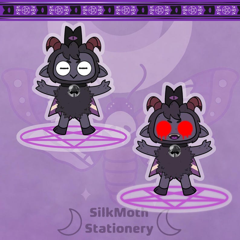 Op de afbeelding: Twee zwarte en paarse cartoonfiguren die op geiten lijken met hoorns en kronen. De figuur links heeft zwarte ogen en de figuur rechts heeft rode ogen. Beide figuren staan op een paarse pentagram.
