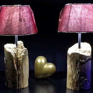 Può includere: Due lampade da tavolo con paralumi in tessuto rosso e basi in legno. Le basi sono in legno naturale con una texture ruvida. Un oggetto a forma di cuore dorato si trova al centro dell'immagine.