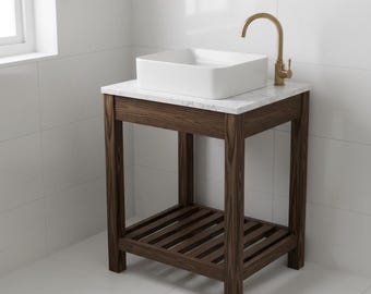 ダークウォールナット材を使用したシェーカースタイルの洗面台の設計図 – オープンフレーム構造のDIY木工（デジタルダウンロード）