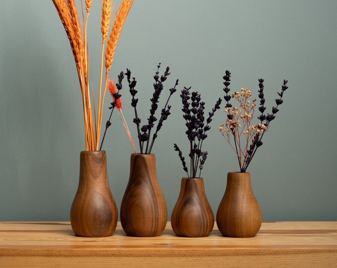 Hand Turned Set of 4 Wooden Vase, Dried Flower Vase, Wooden Table Decor