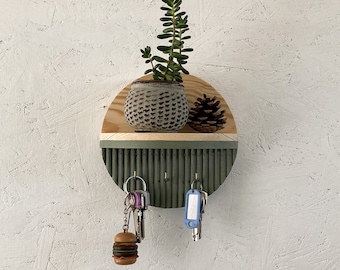 Porte-clés couleur sauge avec étagère ronde minimaliste, organisateur décoratif en bois pour entrée, porte-monnaie, porte-lunettes, porte-clés unique