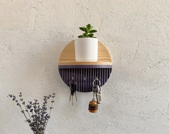 Lavender Color Key Holder with Round Minimalist Shelf, Entryway Decorative Wooden Organizer, Wallet Holder, Glasses Holder, Unique Key Rack