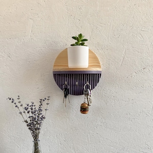 Lavender Color Key Holder with Round Minimalist Shelf, Entryway Decorative Wooden Organizer, Wallet Holder, Glasses Holder, Unique Key Rack