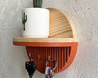 Key Holder with Round Minimalist Shelf, Entryway Decorative Wooden Organizer, Wallet Holder, Glasses Holder, Unique Key Rack