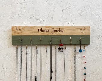 Personalized Name Wooden Jewelry Holder, Necklace Holder, Special Gift for Her, Jewelry Organizer, Gift for Girlfriend, Sage Color Hanger