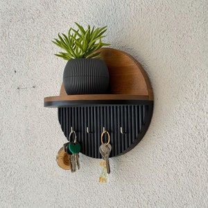 Walnuss und Schwarz Schlüsselhalter für die Wand, Dekorativer Holzhalter für den Eingangsbereich, Brieftaschenhalter, Brillenhalter, Einzigartiges Schlüsselregal