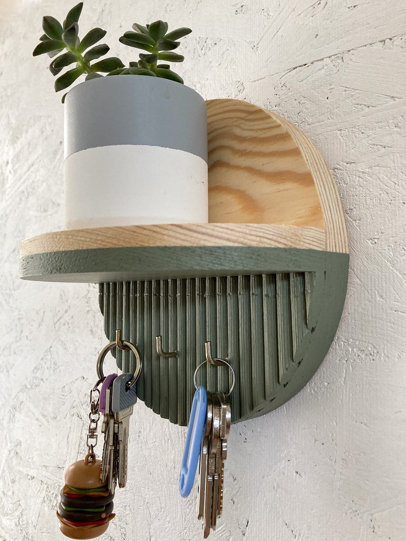 Sage Color Key Holder with Round Minimalist Shelf, Entryway Decorative Wooden Organizer, Wallet Holder, Glasses Holder, Unique Key Rack image 3