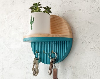 Turquoise Color Key Holder with Round Minimalist Shelf, Entryway Decorative Wooden Organizer, Wallet Holder, Glasses Holder, Unique Key Rack