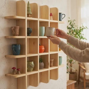 Wooden Mug Shelf Display, Coffee Mug Holder Wall Rack, Coffee Station Organizer, Solid Wood Mug Display Shelf, Kitchen Coffee Bar Decor