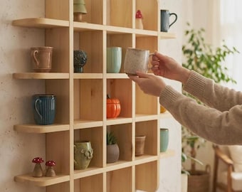 Wooden Mug Shelf Display, Coffee Mug Holder Wall Rack, Coffee Station Organizer, Solid Wood Mug Display Shelf, Kitchen Coffee Bar Decor