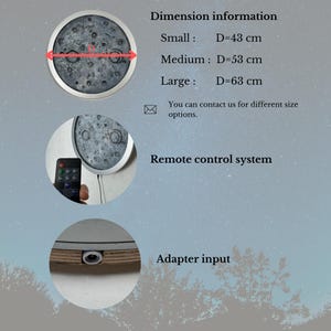 May include: A round, gray moon lamp with a remote control and an adapter input. The lamp is available in three sizes: small (43 cm), medium (53 cm), and large (63 cm).