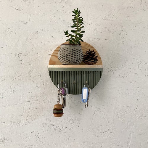 Porte-clés couleur sauge avec étagère ronde minimaliste, organisateur décoratif en bois pour entrée, porte-monnaie, porte-lunettes, porte-clés unique