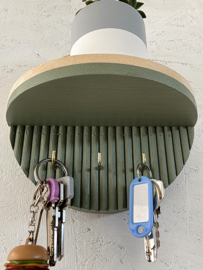 Sage Color Key Holder with Round Minimalist Shelf, Entryway Decorative Wooden Organizer, Wallet Holder, Glasses Holder, Unique Key Rack image 4