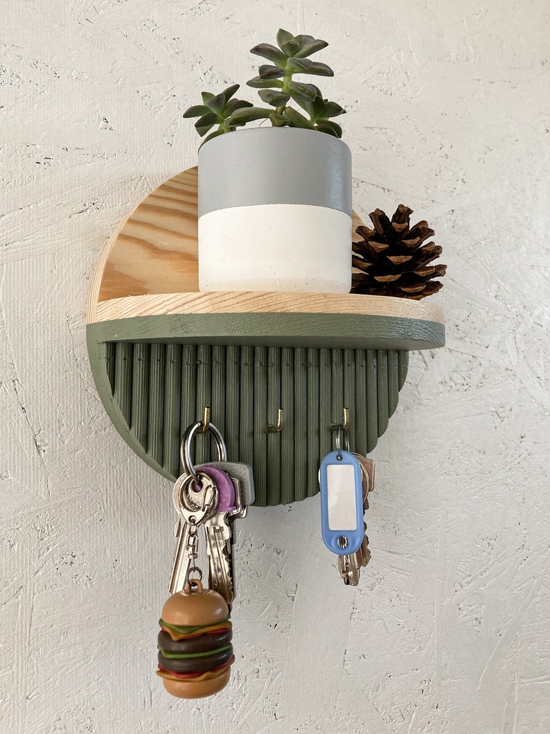 Sage Color Key Holder with Round Minimalist Shelf, Entryway Decorative Wooden Organizer, Wallet Holder, Glasses Holder, Unique Key Rack image 2