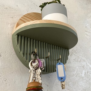 Sage Color Key Holder with Round Minimalist Shelf, Entryway Decorative Wooden Organizer, Wallet Holder, Glasses Holder, Unique Key Rack image 5