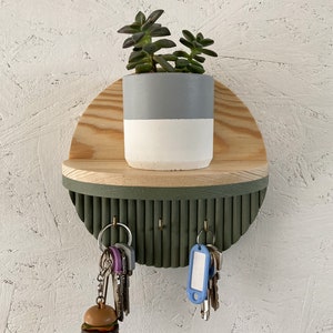 Sage Color Key Holder with Round Minimalist Shelf, Entryway Decorative Wooden Organizer, Wallet Holder, Glasses Holder, Unique Key Rack image 6