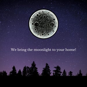 May include: A black and white image of a full moon with craters against a dark purple sky with white stars. The text "We bring the moonlight to your home!" is below the moon. A silhouette of a forest is at the bottom of the image.