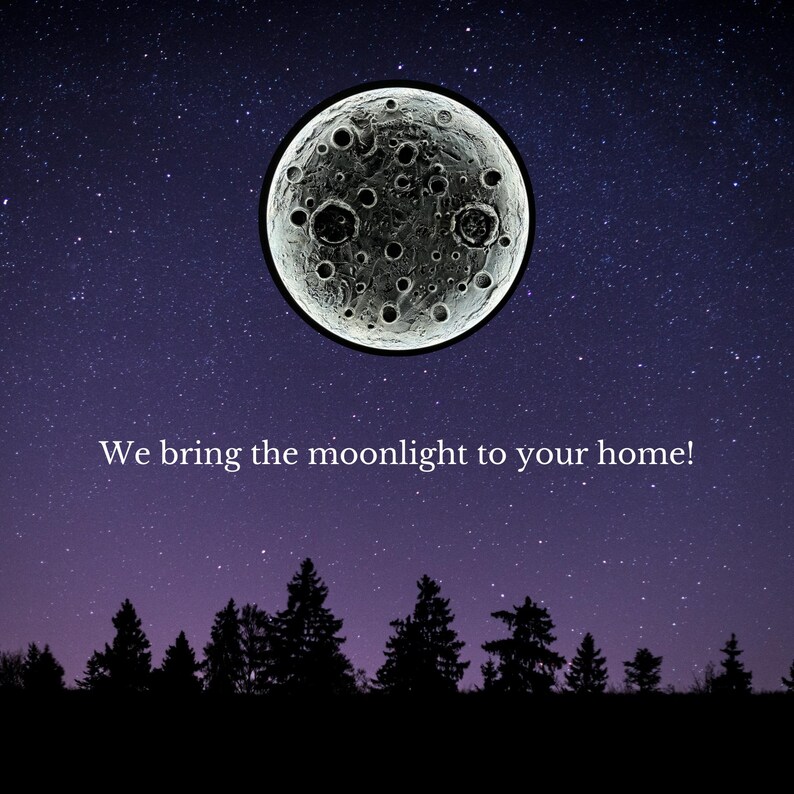 May include: A black and white image of a full moon with craters against a dark purple sky with white stars. The text "We bring the moonlight to your home!" is below the moon. A silhouette of a forest is at the bottom of the image.
