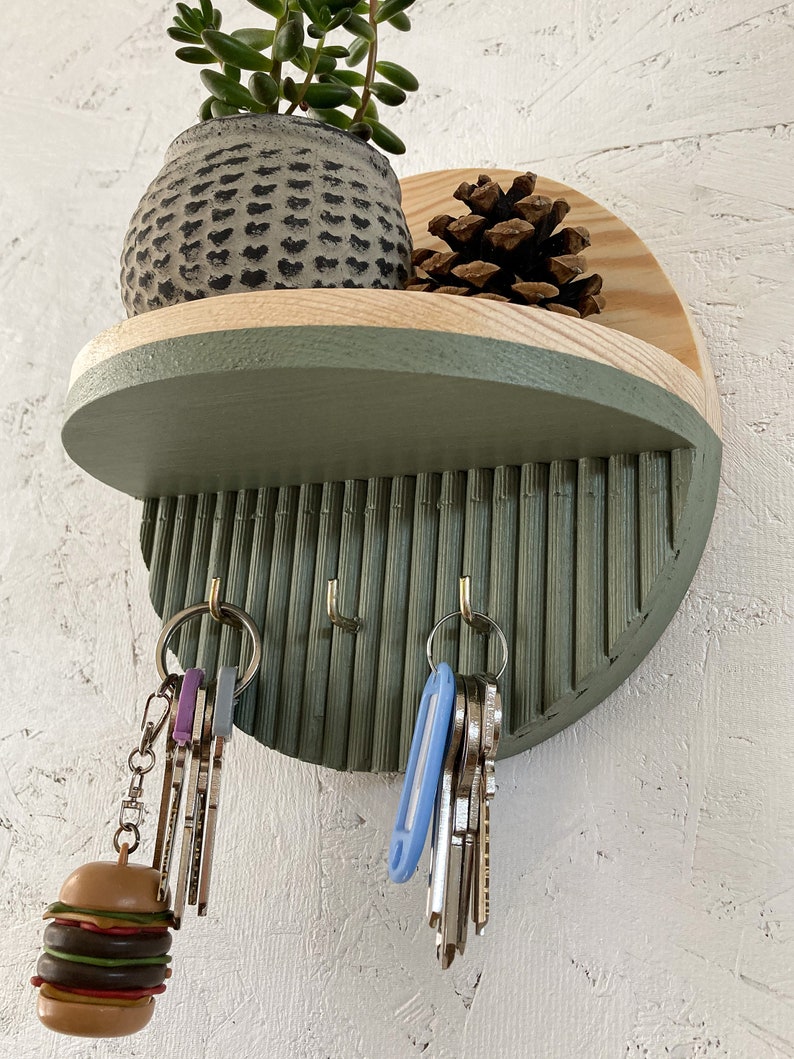 Sage Color Key Holder with Round Minimalist Shelf, Entryway Decorative Wooden Organizer, Wallet Holder, Glasses Holder, Unique Key Rack image 8