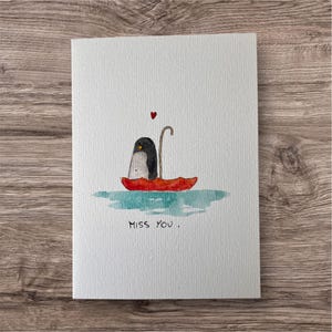 Carte aquarelle "Miss you" pingouin kawaï. aquarelle originale.