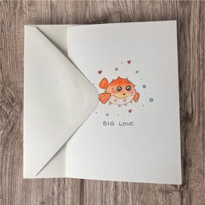 Carte aquarelle poisson globe kawaï amour "big love", grand amour