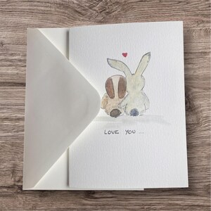 Carte aquarelle duo lapins kawaï amour "Love you", je t’aime