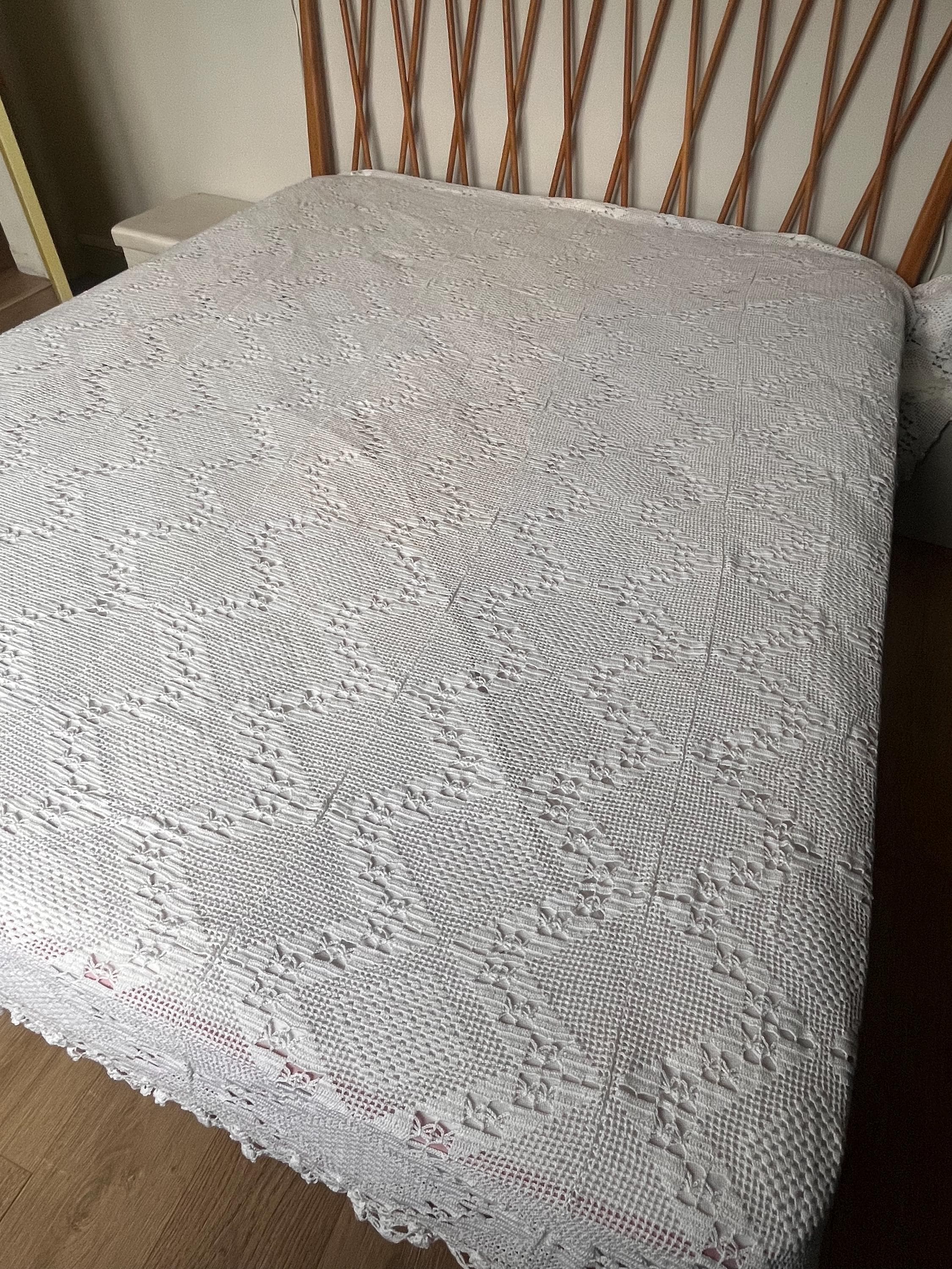 Dessus De Lit Crocheté Blanc Vintage - Fait Main 180x180 Cm - Coton
