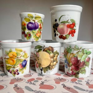 Peut inclure: Ensemble de cinq tasses en céramique blanche avec différents motifs de fruits. Chaque tasse présente un motif de fruit différent, notamment des prunes, des pêches, des raisins et des fraises.