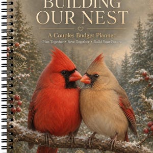 May include: A spiral-bound budget planner titled "BUILDING OUR NEST: A Couples Budget Planner" with the subtitle "Plan Together • Save Together • Build Your Future." The cover features two northern cardinals perched on a snowy pine branch.