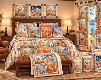 Honey Bear Four Seasons Bedroom Collection, 16-delat påslakanset, gardiner, kuddar, sherpafilt, väggkonst och korgar - personligt anpassade