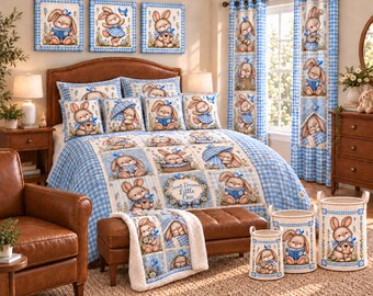 Blue Gingham Bunny Bedroom Bundle, 16 Piece Personalized Nursery Set, Duvet, Curtains, Pillows, Baskets, Canvas & Sherpa