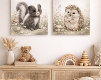 Obraz na płótnie „Skunk & Hedgehog Woodland”, neutralna dekoracja pokoju dziecięcego, 16x16 cali (zestaw 2 sztuk)
