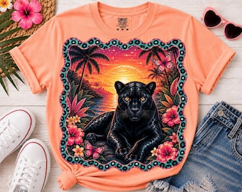Black Panther Tropical Sunset Youth T-Shirt | Comfort Colors Youth Tee | Boutique Summer Panther Shirt | Tropical Animal Graphic Tee | Kids
