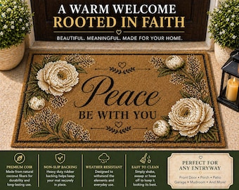 Wycieraczka "Pokój z Tobą", chrześcijańska wycieraczka powitalna, dywanik do przedpokoju z motywem wiary, wycieraczka do drzwi wejściowych, dekoracja ganku o tematyce religijnej, prezent na parapetówkę, kwiaty