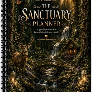May include: A spiral-bound planner titled The Sanctuary Planner, featuring a dark forest illustration with a deer, a waterfall, a small cabin, and glowing crystals. The cover includes the text Little Canopy Studio and Sanctuary Collection Volume 001.