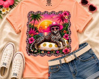Cool Leopard Summer Smiley Float Youth Comfort Colors T-Shirt | Tropical Leopard Graphic Tee | Girls Beach Shirt | Boutique Summer Kids Tee