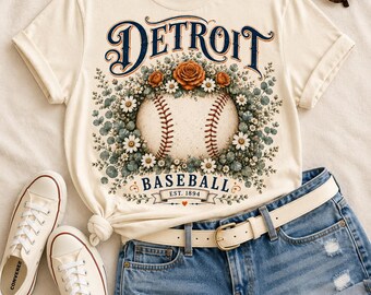 Detroit Baseball Shirt | Comfort Colors 1717 Ivory Tee | Vintage Floral Baseball Graphic | Women’s Boutique Baseball Fan Shirt | Detroit