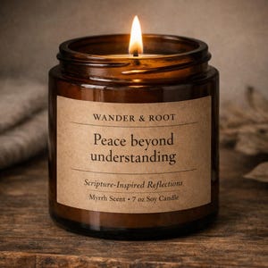 Puede incluir: Una vela de soja encendida de 7 oz en un frasco de vidrio marrón. La etiqueta dice "WANDER & ROOT Peace beyond understanding Scripture-Inspired Reflections Myrrh Scent". La llama es brillante y la vela está sobre una superficie de madera.