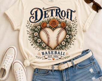 Detroit Baseball Heart Shirt | Comfort Colors 1717 Ivory Tee | Floral Baseball Heart Graphic | Detroit Fan Shirt | Women’s Baseball Tee