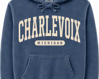 Bluza z kapturem Charlevoix Michigan | Bluza z kapturem Vintage Collegiate | Bluza w stylu Comfort Colors | Bluza z kapturem Michigan Travel | Prezent Lake Life