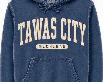 Bluza z kapturem Tawas City Michigan | Bluza z kapturem Vintage Collegiate | Bluza w stylu Comfort Colors | Bluza z kapturem Michigan Travel | Prezent Lake Life