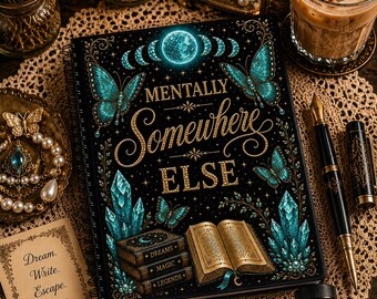 Dziennik „Mentalnie gdzieś indziej” | Dziennik motyli | Niebiański notatnik | Fantastyczny prezent | BookTok | Czarno-złoty notatnik