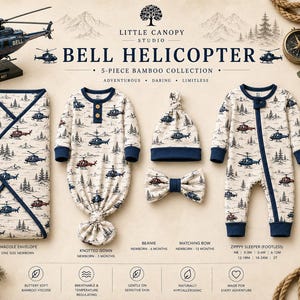 May include: A baby's 5-piece bamboo collection with a helicopter design. The set includes a swaddle, knotted gown, beanie, bow tie, and footless sleeper. Each item is cream-colored with navy blue helicopter and tree illustrations.