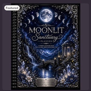 May include: A spiral-bound planner titled Moonlit Sanctuary featuring a dark blue night scene with a full moon, moon phases, a waterfall, a stone bridge, a gazebo, and crystal clusters. The cover includes the text Neurodivergent Sanctuary Collection.