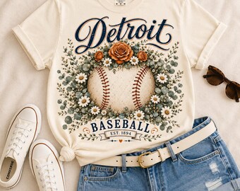 Detroit Script Baseball Shirt | Comfort Colors 1717 Ivory Tee | Vintage Floral Baseball Tee | Detroit Baseball Fan Shirt | Boutique Game Day