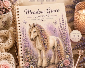 Dziennik Meadow Grace, Notatnik dla Miłośniczki Koni, Prezent dla Dziewczyny Koni, Kwiatowy Dziennik Koni, Dziennik Jeździecki