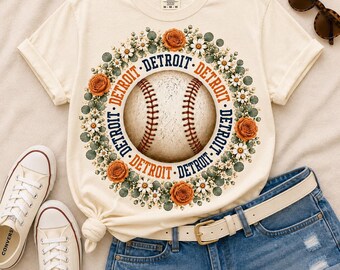 Detroit Baseball Wreath Shirt | Comfort Colors 1717 Ivory Tee | Floral Baseball Circle Graphic | Vintage Detroit Fan Shirt | Baseball Gift